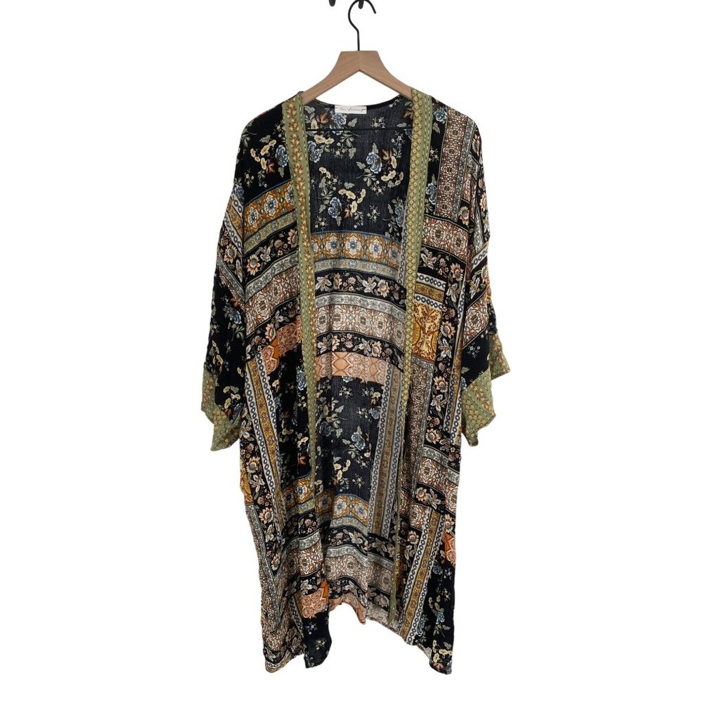 Ces Femme Kimono Top Boho Hippie Layering Duster Patchwork Multi Beach Coverup